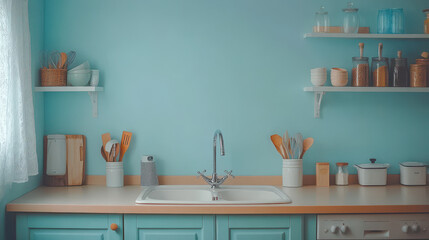 Blue Kitchen Interior with Countertop and Wall Hooks