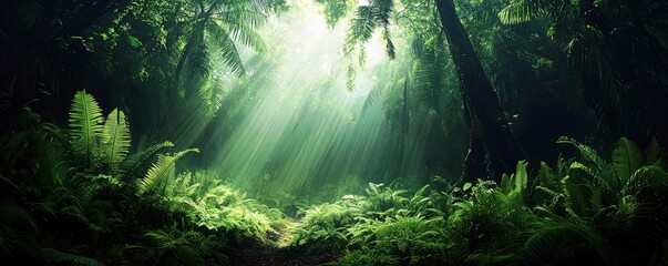 Obraz premium Serene and Lush Tropical Rainforest with Sunlight Filtering Through Dense Canopy, Illuminating Vibrant Green Foliage and Lush Ferns in a Tranquil Setting