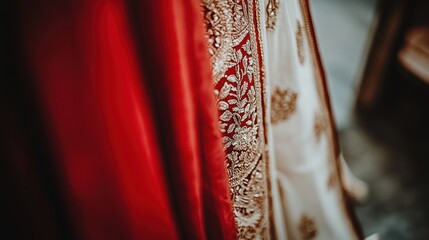 Close-up of Red and White Wedding Dress