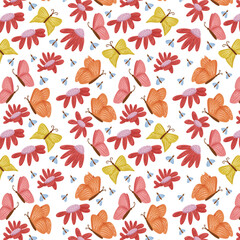 butterflies and pink flowers seamless pattern