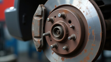 Close-Up of Worn and Rusty Car Brake Disc in a Workshop