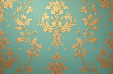 Vintage golden wallpaper with shabby tapestry victorian pattern. Video blog concept. Very realistic, 8k quality, hyper realistic, ultra realism