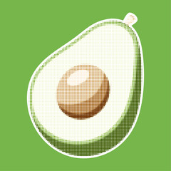 Avocado. Trendy halftone style. Fresh vegetable retro color halftone dotted texture. Vintage cutout magazine pop art style, modern collage element. Vector illustration
