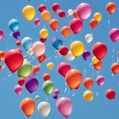 Colorful balloons floating freely in a clear blue sky. The vibrant hues and simple composition evoke a sense of joy, celebration, and carefree happiness.