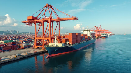 Fototapeta premium Dockside Crane Lifting Shipping Containers in Busy Harbor Scene