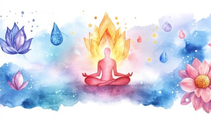 Chakra healing intuition and meditation, A serene illustration of a meditating figure surrounded by lotus flowers, water droplets, and vibrant colors, symbolizing peace and spiritual awakening.