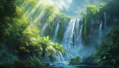 A cascading waterfall flows into a pool surrounded by lush green foliage.