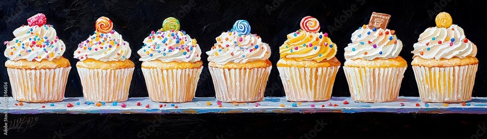Poster colorful and whimsical cupcakes with frosting and toppings displayed on a wooden shelf against a dar