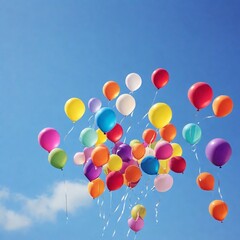 Balloons floating freely in a clear blue sky. The vibrant hues and simple composition evoke a sense of joy, celebration, and carefree happiness.
