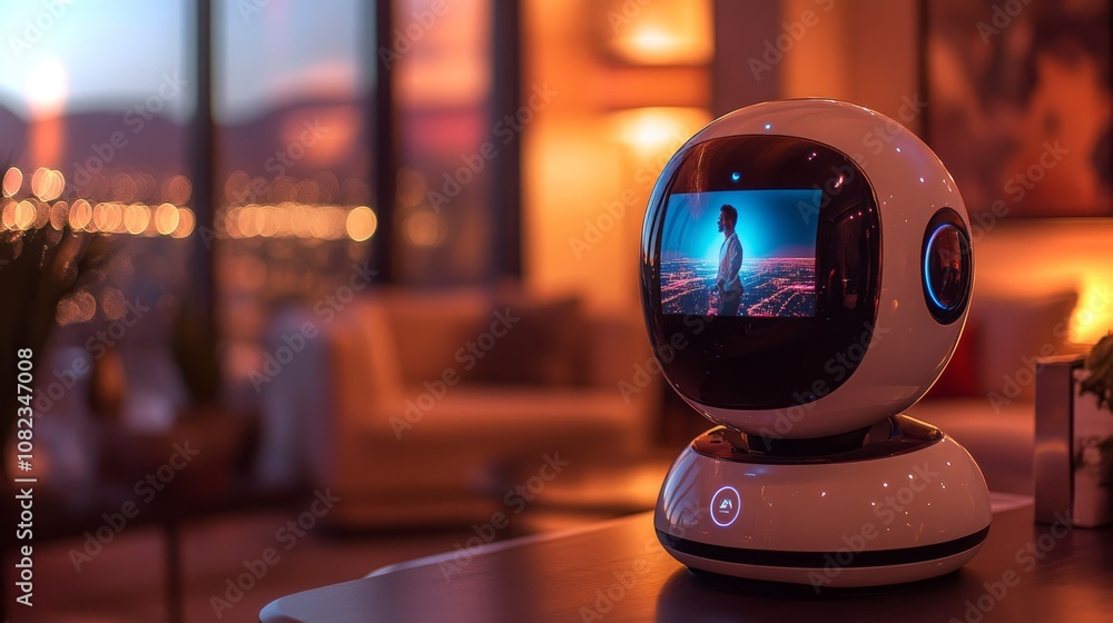 Aufkleber an android at a modern desk displaying a digital scene during evening in a stylish apartment