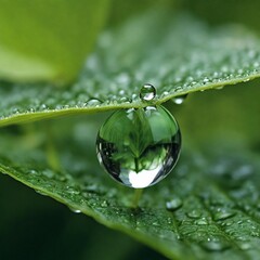 Crystal-clear water droplet reflects the surrounding environment, highlighting the beauty and intricacy of nature in a calm and serene setting.