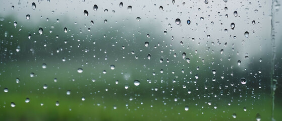 Droplets of water on a windowpane, with a view of nature beyond.