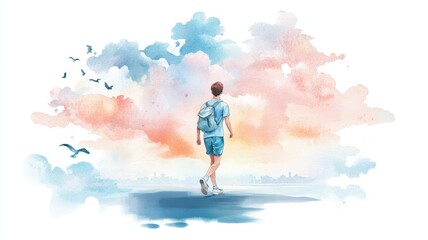 Naklejka premium CBT Psychotherapy, self - improvement, Serene and peaceful, A illustrated of a boy walking towards a colorful, dreamy sky with soft clouds and birds, evoking a sense of adventure and freedom.