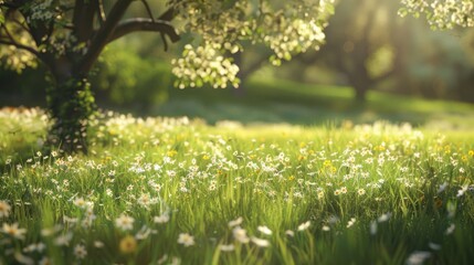 Obraz premium Flowers Hill. Spring Sunlight on Green Meadow with Colorful Flowers