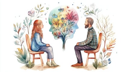 CBT Psychotherapy, A watercolor illustration of a man and woman sitting on chairs, engaged in conversation with a floral design depicting thoughts and emotions between them.