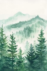 Fototapeta premium Forest Watercolor: Artistic Green Pine Tree Forest with Mountain Background