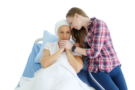 Smiling Caucasian daughter with elderly mother lying on a hospital bed and holding hand together after chemotherapy in hospital. she is suffering from cancer or Leukemia patient. Clip art and element