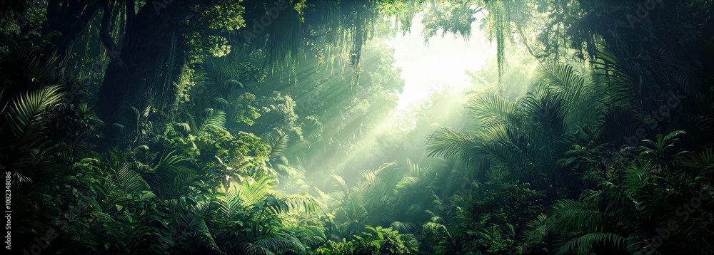 Poster enchanting sunlight filtering through dense green jungle canopy creating a mystical atmosphere in a 