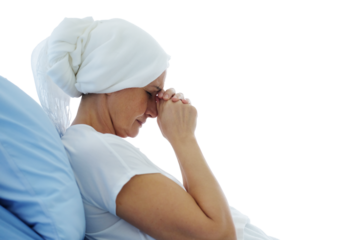 Elderly senior caucasian woman praying for god and lying on a hospital bed after chemotherapy. she is suffering from cancer or Leukemia patient. Clip art and element