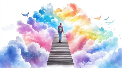 CBT Psychotherapy, self - improvement,  A person ascends a colorful staircase into vibrant clouds, symbolizing hope, dreams, and the journey towards a brighter future.