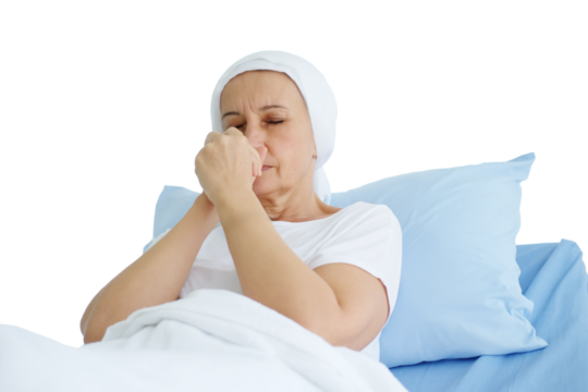 Elderly senior caucasian woman praying for god and lying on a hospital bed after chemotherapy. she is suffering from cancer or Leukemia patient. Clip art and element