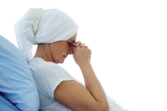 Elderly senior caucasian woman praying for god and lying on a hospital bed after chemotherapy. she is suffering from cancer or Leukemia patient. Clip art and element - Powered by Adobe
