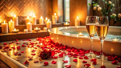 Luxurious Spa Experience: Indulge in a Tranquil Jacuzzi Surrounded by Champagne and Rose Petals for Ultimate Relaxation and Serenity