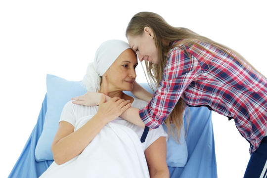 Smiling Caucasian daughter with elderly mother lying on a hospital bed and holding hand after chemotherapy. Elderly mother is suffering from cancer or Leukemia patient. Clip art and element