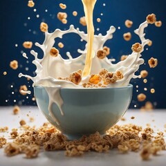 Milk splashing into a bowl of cereal. Highlights the dynamic motion and freshness of the breakfast scene, resulting in a visually captivating and artistic image perfect for food-related advertising.