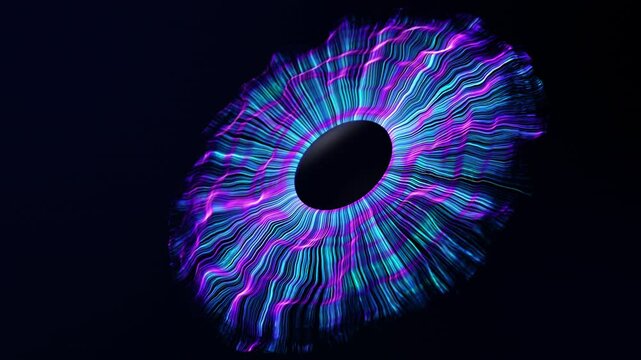 Iris of digital eye grows in space. Abstract concept of computer vision, artificial intelligence(AI) or machine learning data recognition. 4K video of an AI eye scanning information, black background