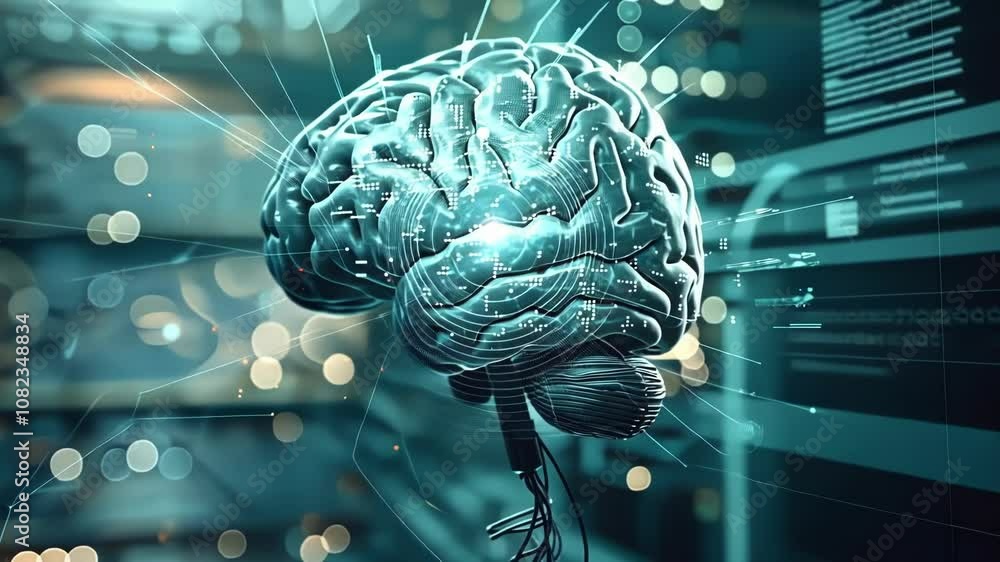 Poster digital brain is receiving data through neural networks, symbolizing the future of artificial intell