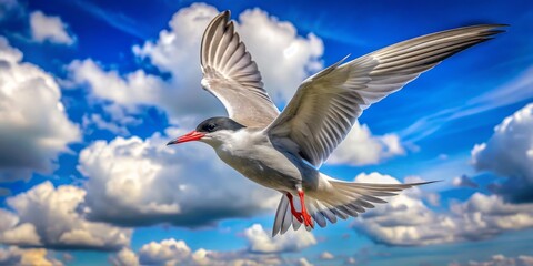 Obraz premium Majestic Whiskered Tern (Chlidonias hybrida) in Flight Against a Clear Blue Sky, Capturing the Beauty of Nature and Avian Grace in a Serene Landscape