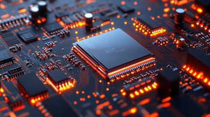 A close-up view of a modern microprocessor on a circuit board, showcasing intricate patterns and glowing components.