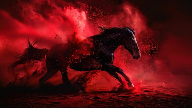 A majestic black horse runs through a fiery red cloud of dust at sunset in an intense display of power and beauty