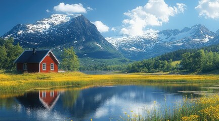 Fototapeta premium A red cabin sits on the edge of a lake, reflecting the surrounding mountains in the water.