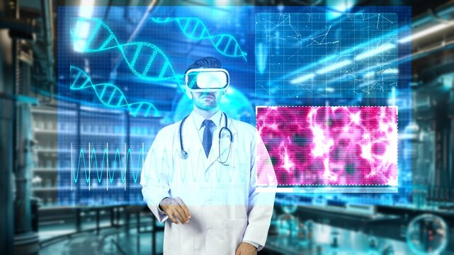 Smart doctor with VR glasses checking and looking at DNA hologram at laboratory. Professional medical worker wearing virtual reality headset while diagnosis genetic symptom. Technology. Apparatus.