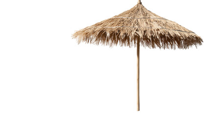 The straw umbrella stands tall, casting a shaded area on a sunny day, ideal for beachgoers looking to escape the heat. Enjoy time spent relaxing by the shore