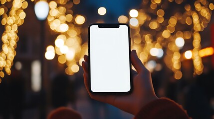 A hand holds a smartphone displaying a blank screen amidst a festive, illuminated background.