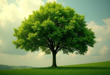 Fototapeta premium Hyper-Realistic Photography of a Single Tree with Vibrant Green Bushes and Beautiful Daylight Illumination 