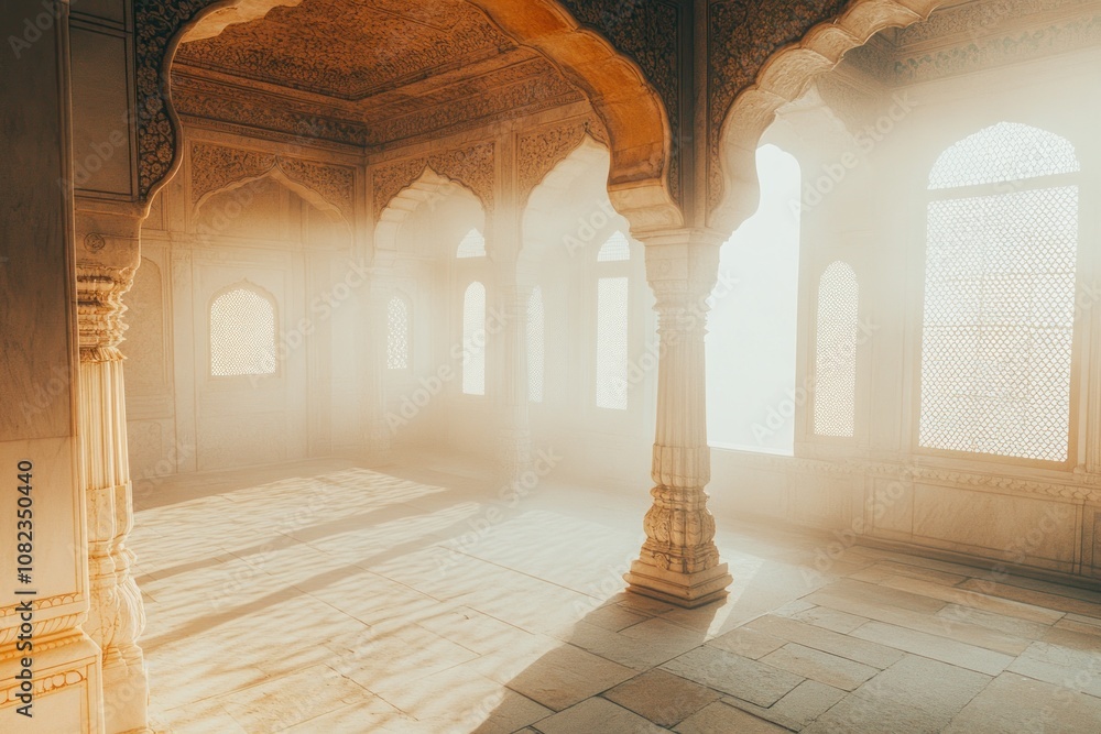 Aufkleber a serene interior space with ornate architecture and soft light filtering through windows.