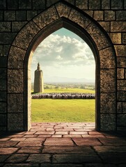 A stone archway frames a scenic landscape with a crowd and a distant tower under a cloudy sky.