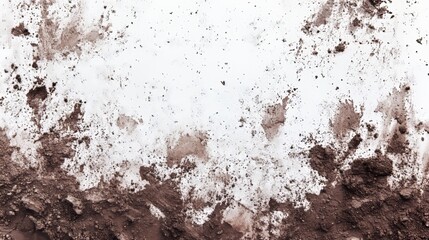 Intricate texture of damp soil stains on a pristine white canvas, isolated from surroundings, allowing for seamless integration into other designs.
