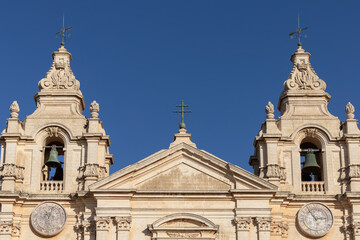 Mdina, Malta, The facade and towers of the St. Paul's Cathedral.