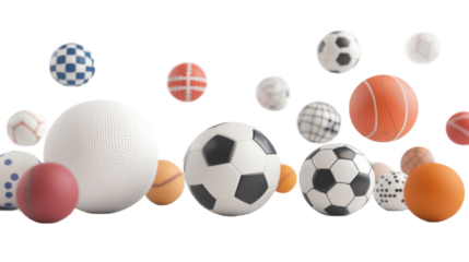 Various types of sports balls are showcased in an engaging display, featuring soccer, basketball, volleyball, and tennis styles against a transparent background