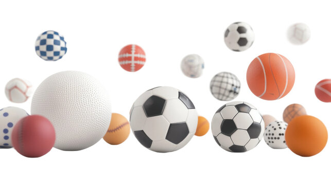 Various types of sports balls are showcased in an engaging display, featuring soccer, basketball, volleyball, and tennis styles against a transparent background