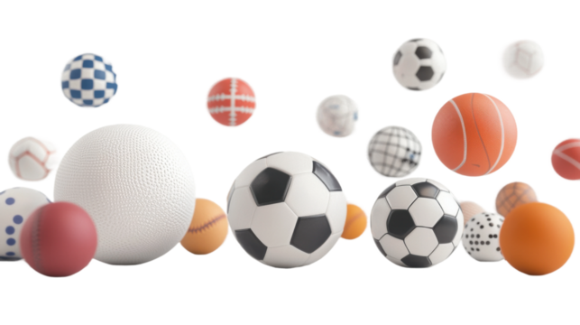 Various types of sports balls are showcased in an engaging display, featuring soccer, basketball, volleyball, and tennis styles against a transparent background