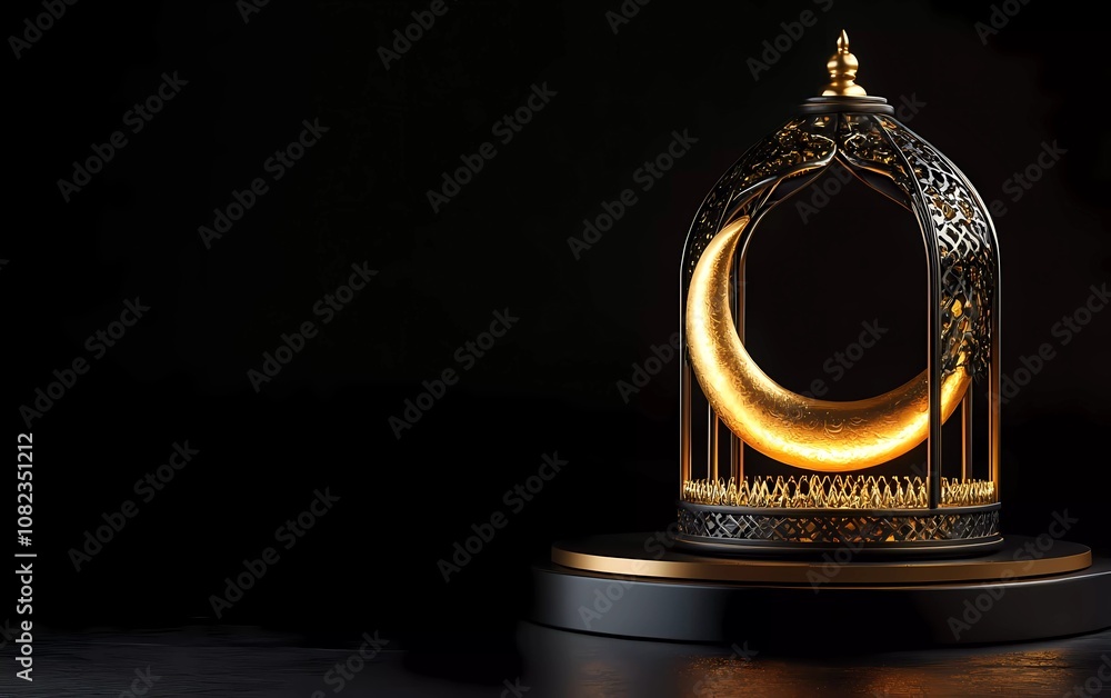 Poster 3d rendering of a golden islamic ramadan kareem lantern and crescent moon with a podium display back