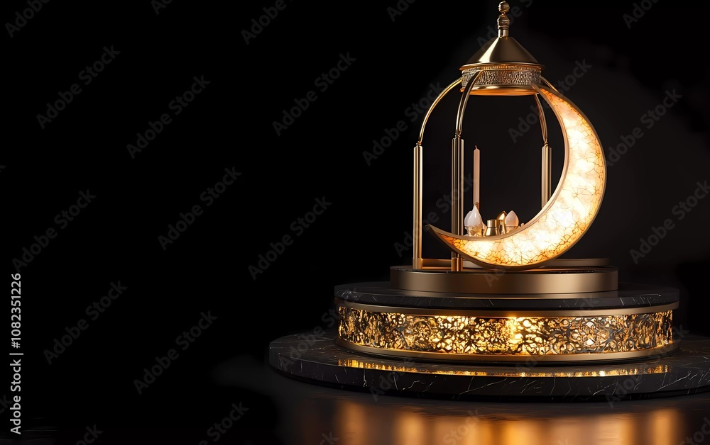 Poster 3d rendering of a golden islamic ramadan kareem lantern and crescent moon with a podium display back