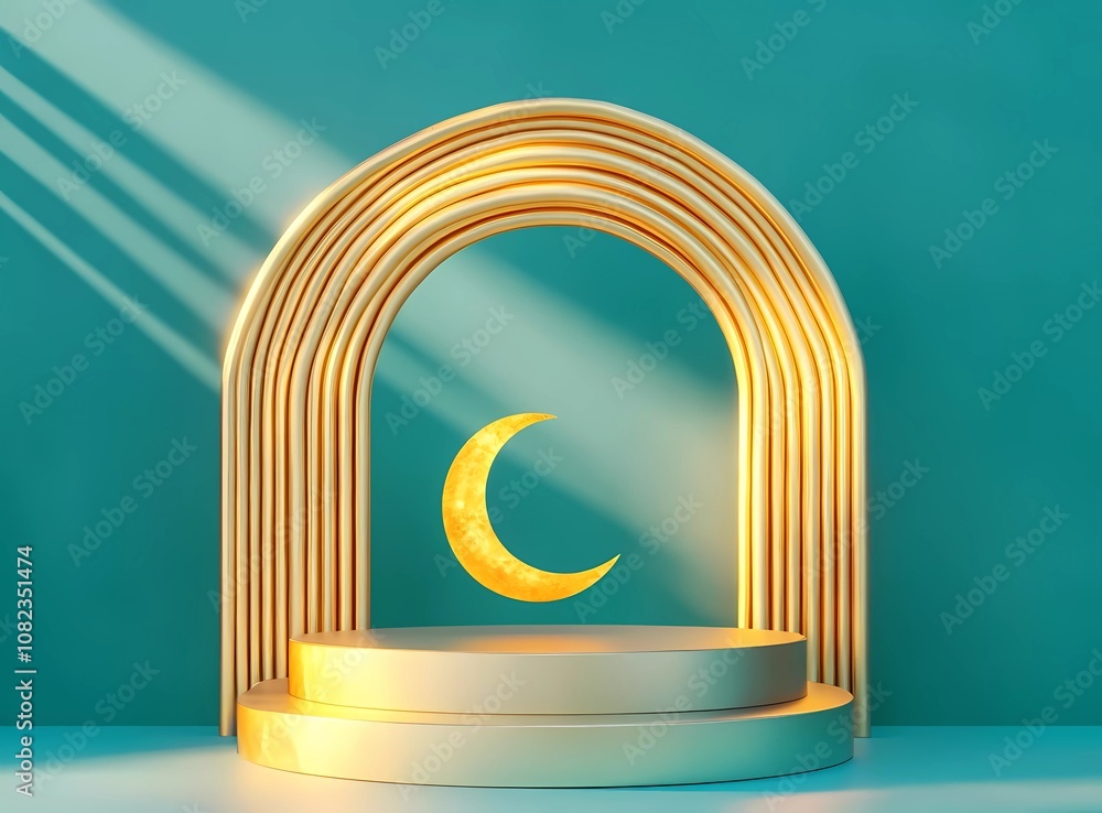 Poster 3d rendering of a podium for product presentation with a crescent moon and arch in a golden color on