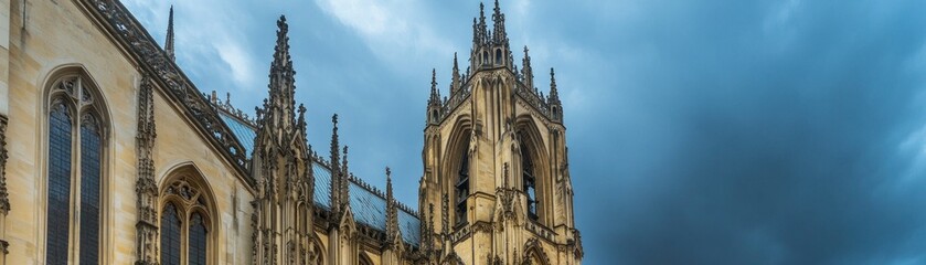 Fototapeta premium A panoramic view of a cathedral tower against a dramatic sky.